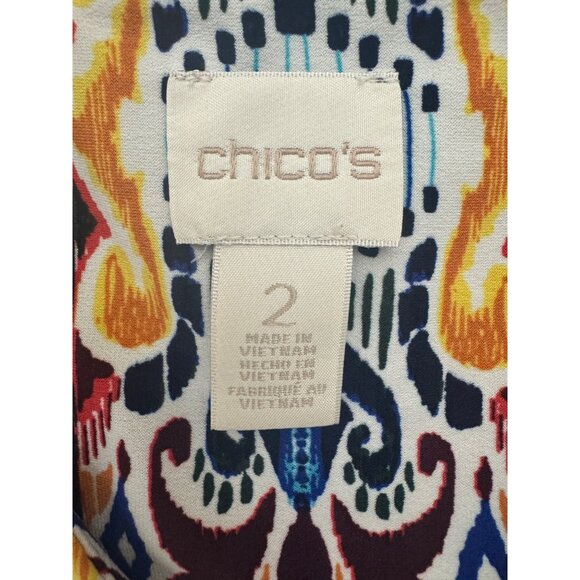 Chico's Size 2 = Large/12 Ikat Multi-Color Print V-Neck Tie-Sleeve Shift Dress - Picture 5 of 8